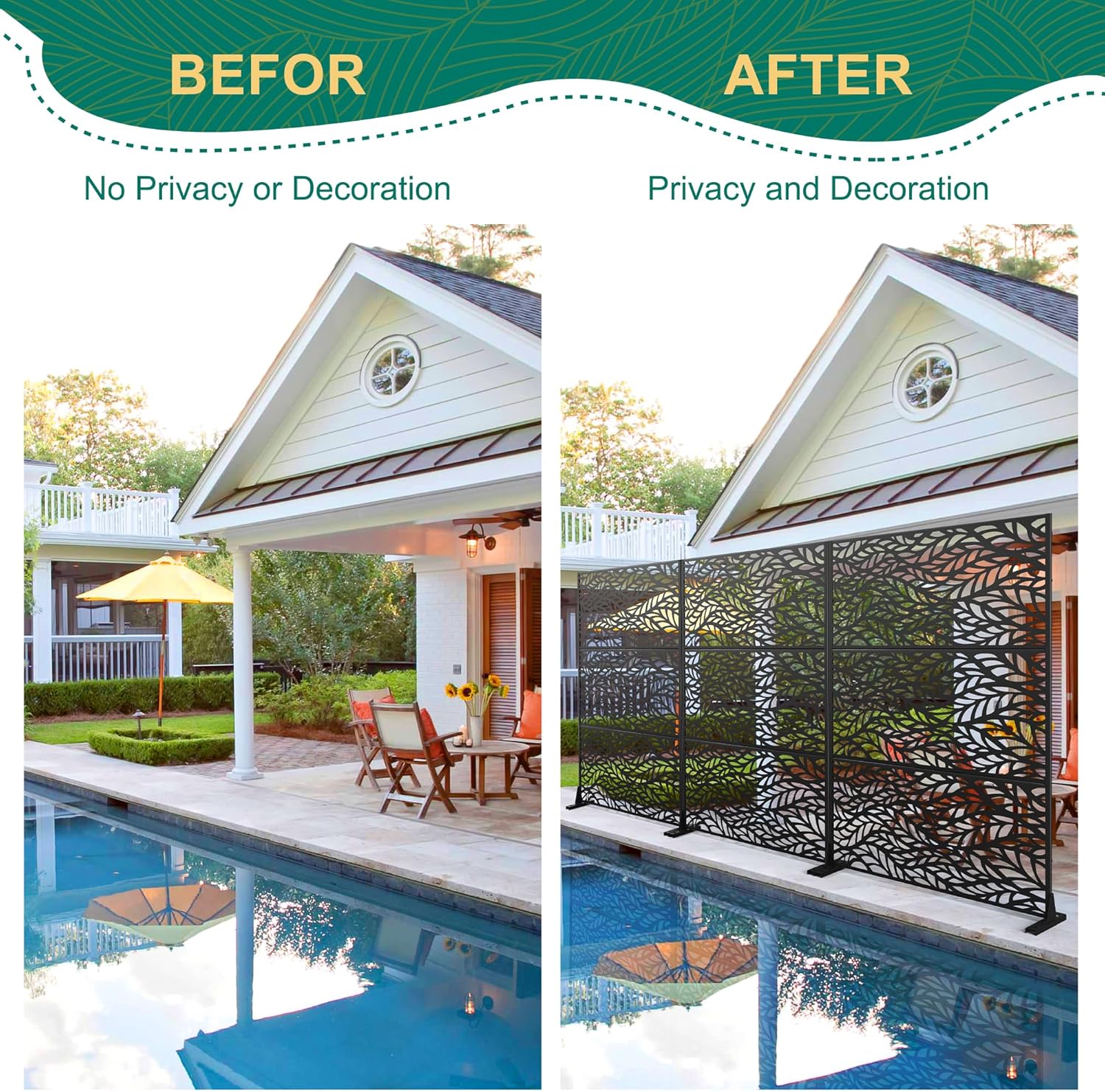 72" H47" W Metal Outdoor Privacy Screen - Freestanding, Decorative Fence (3 Panels)-VerdiqueGarden