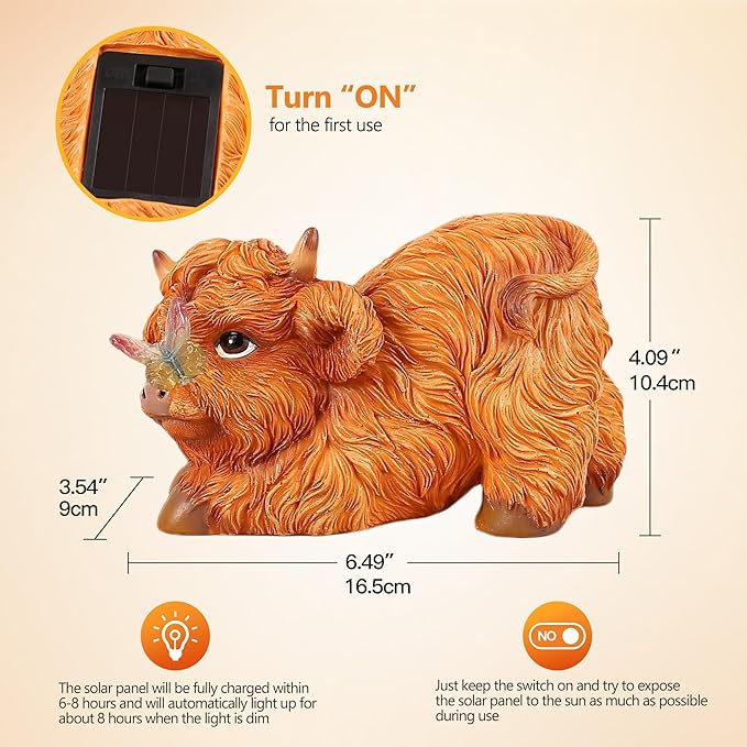 Highland Cow Solar Powered Outdoor Garden Statue, Resin Highland Cow Statue with Solar Light Lantern, Decorative Lawn, Yard Outdoor Highland Cow Decor. Unique home decorations, gifts for women-VerdiqueGarden