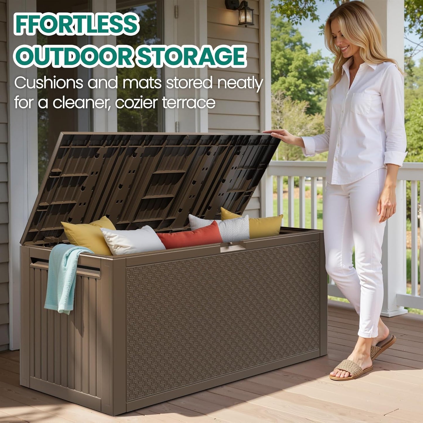 90 Gallon Outdoor Deck Box, Waterproof Outdoor Storage Box, Durable Resin Bin for Patio Cushions, Garden Tools and Pool Accessories, Lockable with UV Protection, Brown, Patio Furniture-VerdiqueGarden