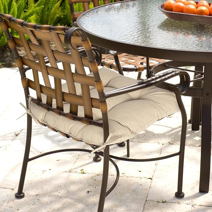 Aoodor 19" x 19" x 5" Tufted Outdoor Chair Cushions, Water Resistant & Fade Resistant Polyester Dining Chair Pads with 2 Straps for Patio Furniture, Set of 2-VerdiqueGarden