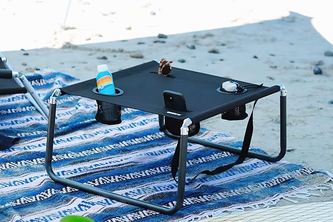 Neso Portable Beach Table with Cup Holders, Cell Phone Pockets, Lightweight for Picnics and Parks (Black)-VerdiqueGarden