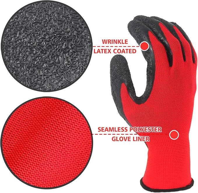 Evridwear Crinkle Latex Rubber Hand Coated Safety Work Gloves for Men Women General Multi Use Construction Warehouse Gardening Assembly Landscaping (XXL-Size) 12 Pairs Pack-VerdiqueGarden