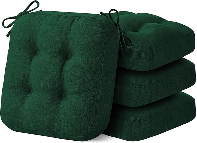 Chair Cushions for Dining Chairs, Dining Chair Cushions, Tufted Indoor Chair Pads with Ties & Non Slip Backing, Seat Cushions for Kitchen Chairs 16.5” x 16.5” x 3.5”, Set of 4, Green-VerdiqueGarden