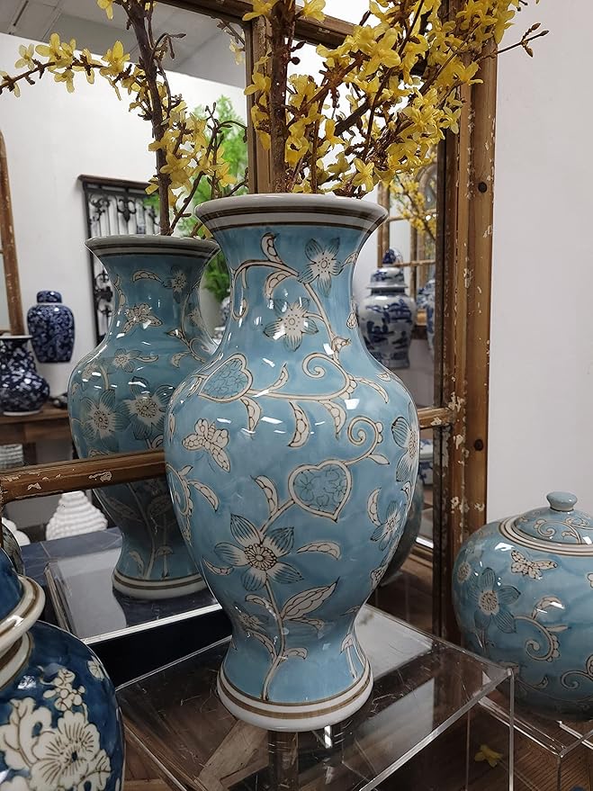 Galt International Light Blue and White Flower & Heart Chinoiserie Ceramic Vase 14"- Hand Painted Antique Style Porcelain Flower Bottle Fishtail Porcelain Chinese Vase for Home Decor Centerpiece-VerdiqueGarden