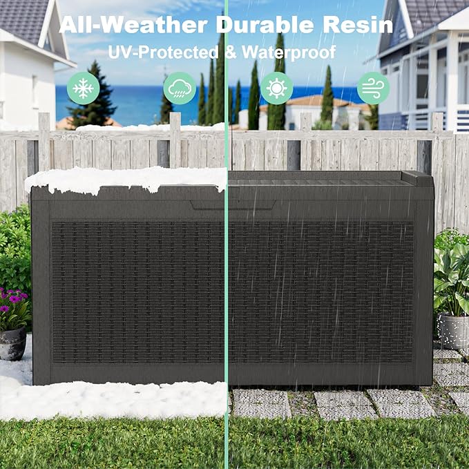 60 Gallon Resin Deck Box, Lockable Outdoor Storage Box for Patio Cushions Storage Furniture,Garden Tools, Pool Supplies, Weatherproof and UV Resistant（Black Rattan）-VerdiqueGarden
