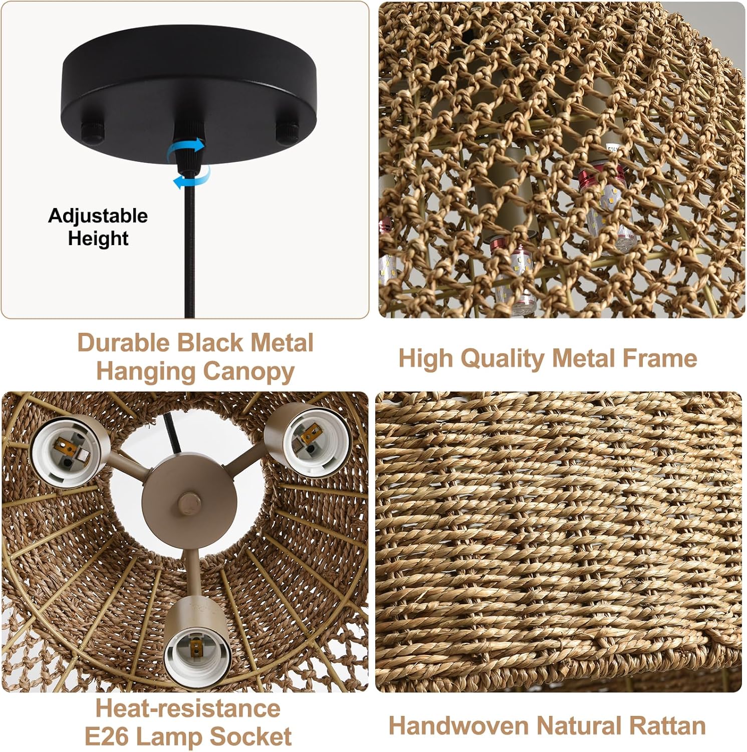 18.9" Rattan Chandelier, Coastal Large Pendant Light,Boho 3-Light Wicker Hand-Woven Seagrass Pendant Lighting Ceiling Hanging,for Kitchen Islands, Dining Rooms, and Farmhouses.-VerdiqueGarden