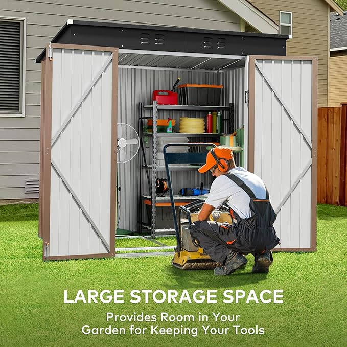 Gizoon 6' x 4' Outdoor Storage Shed with Double Lockable Doors, Anti-Corrosion Metal Garden Shed, Waterproof Shed Outdoor Storage Clearance for Backyard Patio Lawn-Brown-VerdiqueGarden