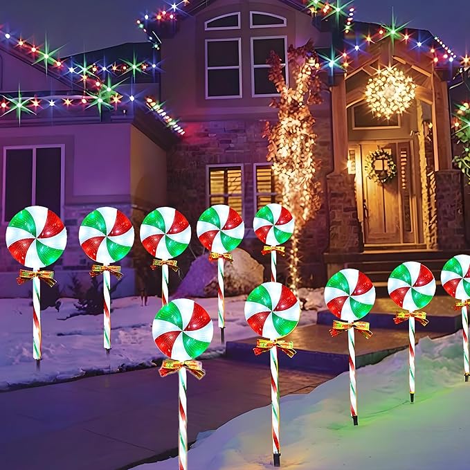10 Packs Christmas Pathway Lollipop Lights with Bow Tie Solar Powered Outdoor Waterproof Xmas Candy Cane Path Landscape Decorative Stake Lights 2 Solar Panel + 10 Lights-VerdiqueGarden