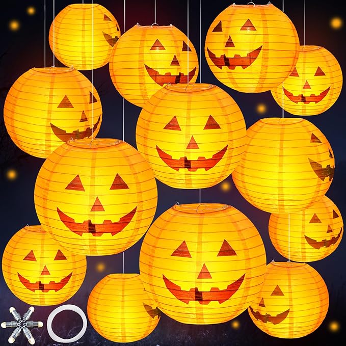Retisee 20 Pcs 10 Inch Halloween Paper Lanterns Jack O Lantern Pumpkin Halloween Party Decorations Halloween Hanging Pumpkin Decor with Lights Suitable for Indoor Outdoor Yard, Lawn, Garden, Party-VerdiqueGarden