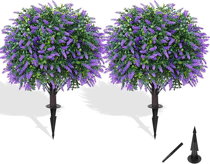 Artificial Boxwood Topiary Ball with Lavender, Set of 2 Artificial Shrub Bushes with Ground Spike, Fake Evergreen Tree for Porch, Artificial Plants for Outdoor Planters Indoor UV Resistant-VerdiqueGarden