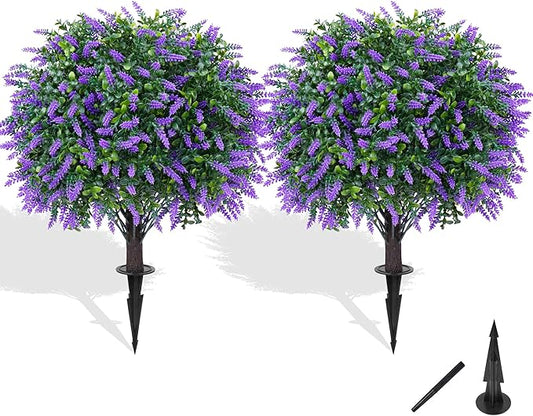 Artificial Boxwood Topiary Ball with Lavender, Set of 2 Artificial Shrub Bushes with Ground Spike, Fake Evergreen Tree for Porch, Artificial Plants for Outdoor Planters Indoor UV Resistant-VerdiqueGarden