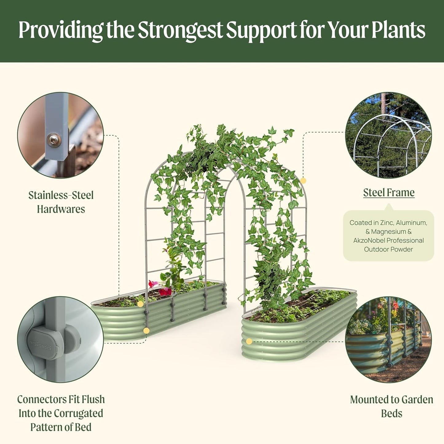 Vego Garden Modular Arched Trellis System Single Section 3.0' Long Trellis for 2.0‘ x 5.0' (4 in 1), 3.5' x 5.0' (6 in 1) or 5.0' x 5.0' (9 in 1) Garden Bed-VerdiqueGarden