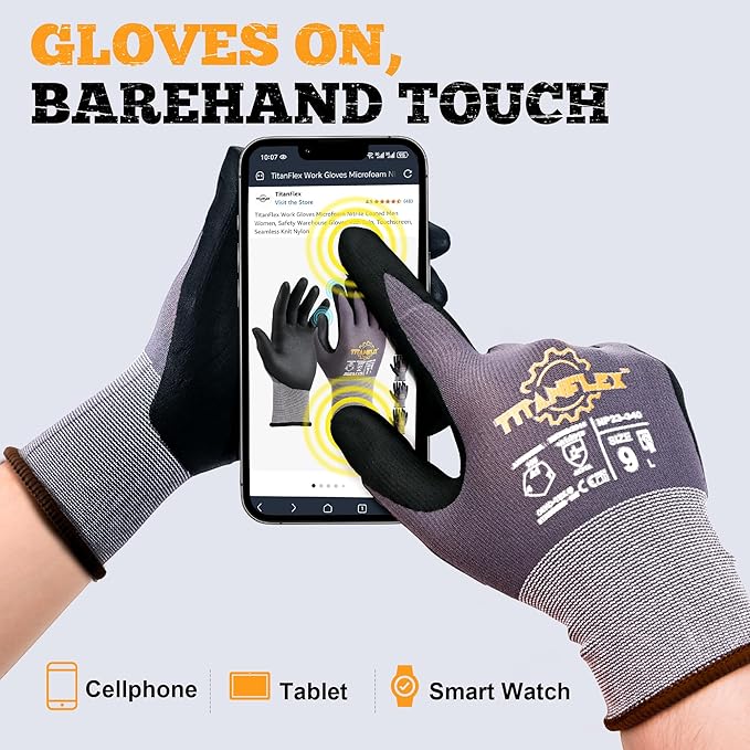 TitanFlex Work Gloves Microfoam Nitrile Coated Men Women, Safety Warehouse Gloves with Grip, Touchscreen, Seamless Knit Nylon-VerdiqueGarden