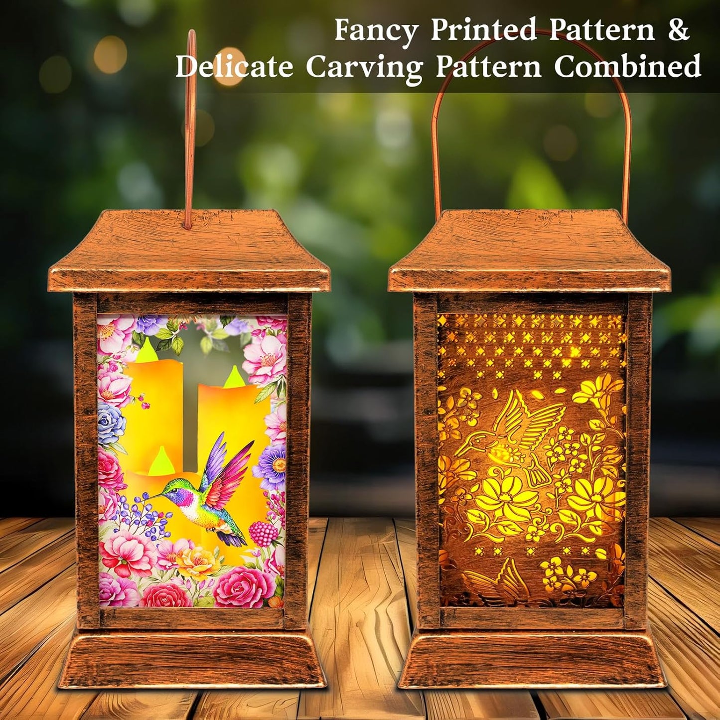 Hummingbird Solar Lanterns Outdoor Waterproof, Metal & Glass Hanging Lights Garden Decor, Birthday Gifts for Women Mom Grandma Mothers Day, Decorative Lights for Outside Yard Patio Backyard Porch-VerdiqueGarden