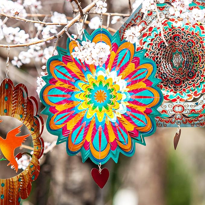 SteadyDoggie Wind Spinner Mandala Flame 12 inches - 3D Stainless Steel - Laser Cut Metal Art Geometric Pattern - Yard Spinners Outdoor - Hanging Wind Spinner, Kinetic Yard Art Decorations-VerdiqueGarden