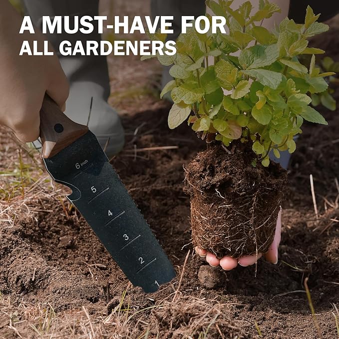 Hori Hori Garden Knife, Garden Tools with Sheath for Weeding,Planting,Digging, 7" Stainless Steel Blade with Cutting Edge, Full-Tang walnut Wood Handle with Hanging Hole-VerdiqueGarden