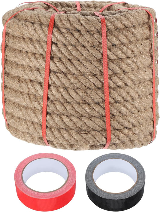 MECCANIXITY Jute Rope 1.5 Inch x 98ft, Thick Twine Rope Ropes Braided Jute Twine Natural Brown Burlap Cord String Heavy Twisted with Tapes for Decorative Crafts Railing Swing Tug of War-VerdiqueGarden