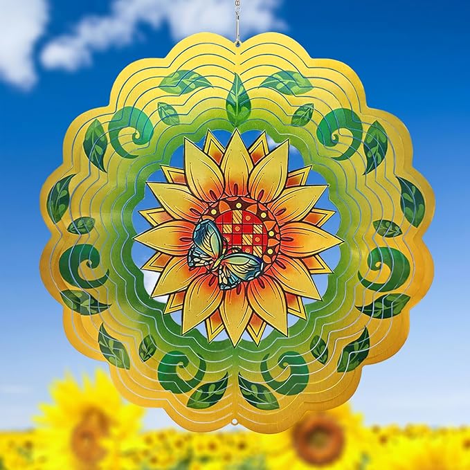Sunflower Wind Spinners 3D Hanging Wind Spinner Sunflower Ornament Gifts for Women Mom Grandma,12inch Metal Wind Kinetic Sculpture for Outdoor&Indoor Decor, Yard Art, Garden Decoration-VerdiqueGarden