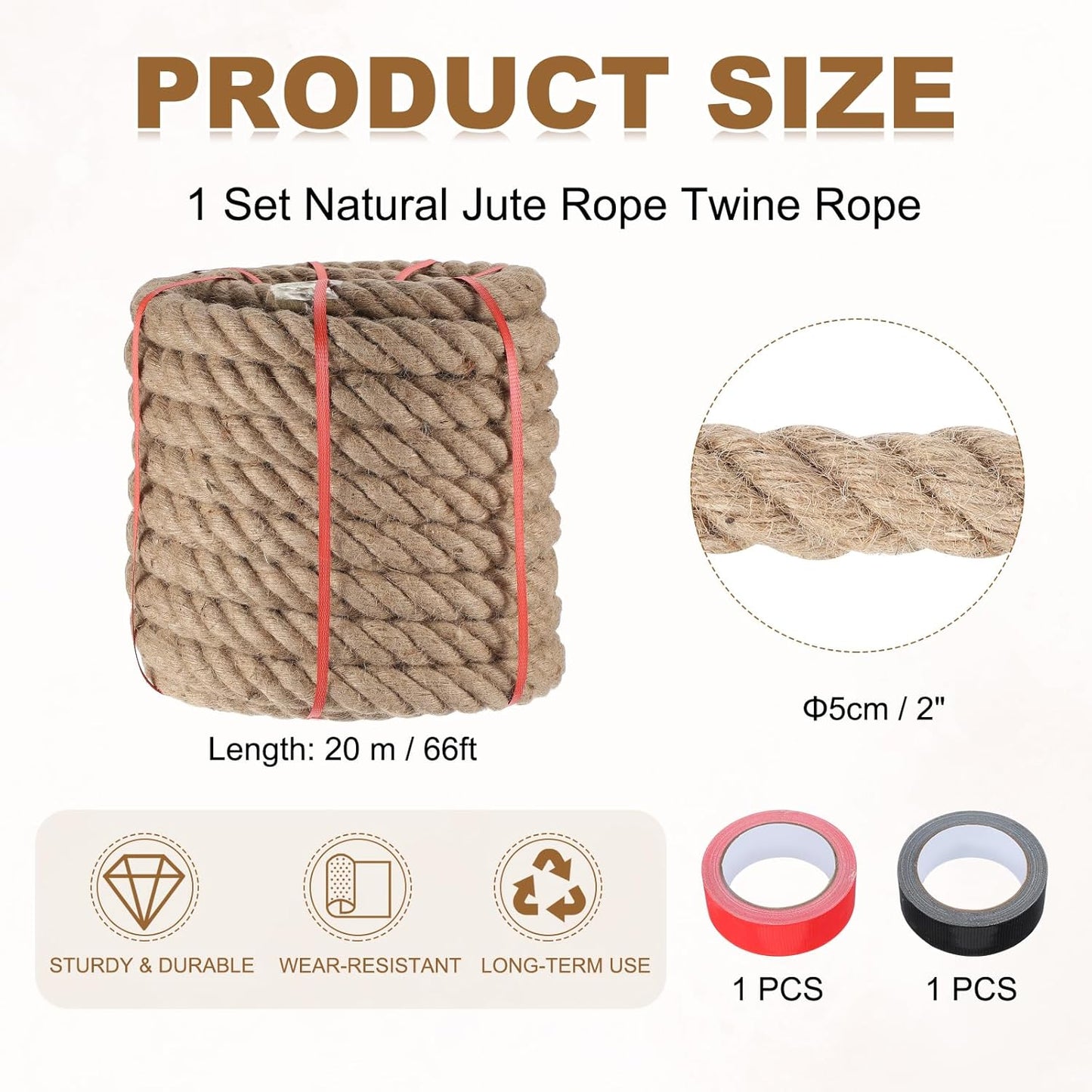 MECCANIXITY Jute Rope 2 Inch x 66ft, Thick Twine Rope Ropes Braided Jute Twine Natural Brown Burlap Cord String Heavy Twisted with Tapes for Decorative Crafts Railing Swing Tug of War-VerdiqueGarden
