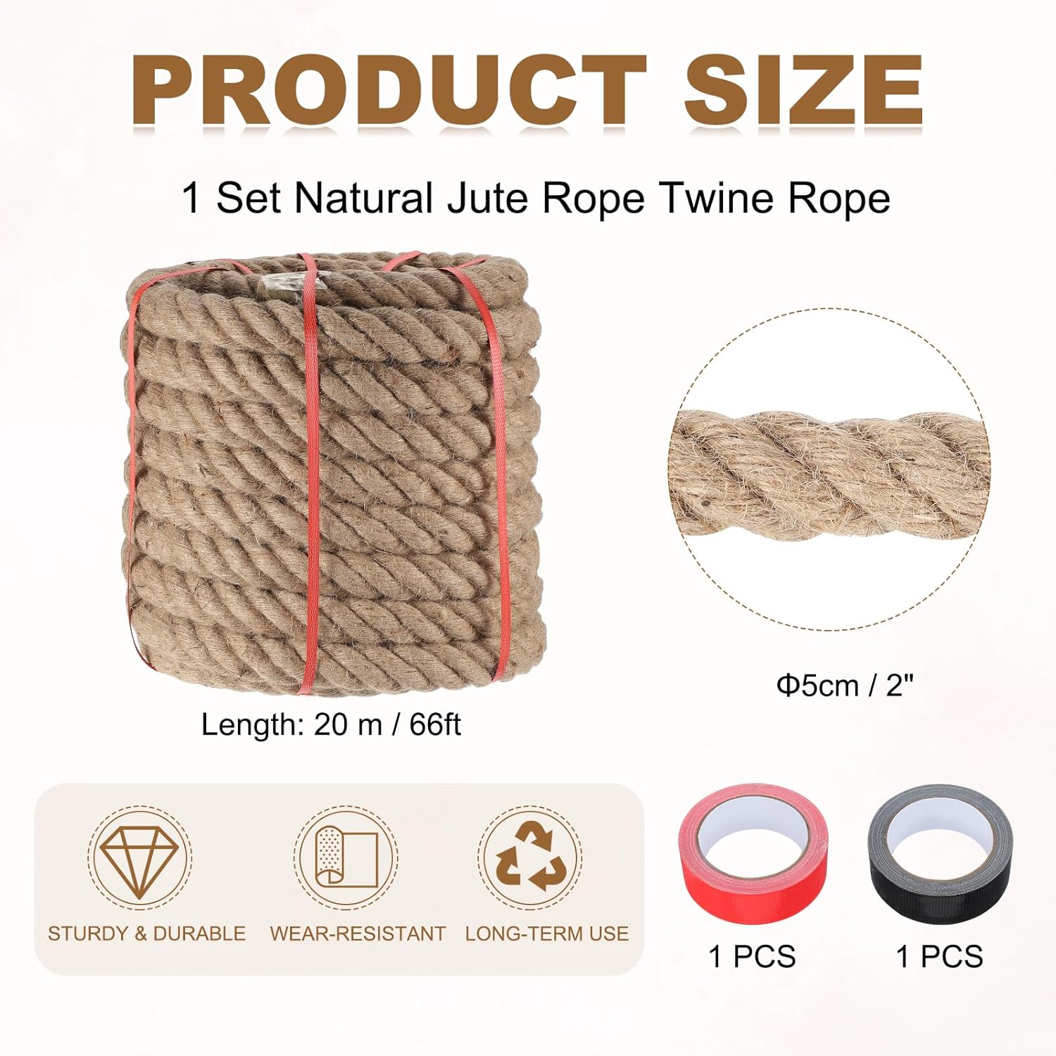 MECCANIXITY Jute Rope 2 Inch x 66ft, Thick Twine Rope Ropes Braided Jute Twine Natural Brown Burlap Cord String Heavy Twisted with Tapes for Decorative Crafts Railing Swing Tug of War-VerdiqueGarden