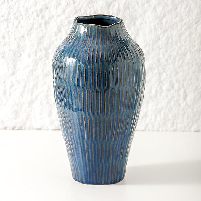 Blue Ceramic Vase for Home Decor,11.6 Inch Flower Vase，Decorative Vases for Pampas Grass，Modern Art Texture Vases for Home Entryway Living Room Dining Table Farmhouse Office Decor-Blue-VerdiqueGarden