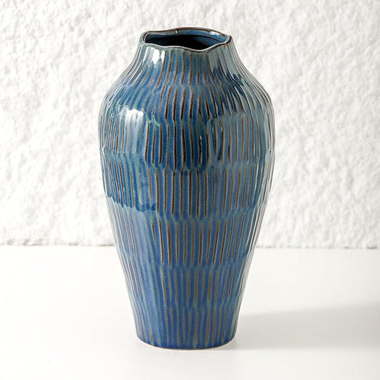 Blue Ceramic Vase for Home Decor,11.6 Inch Flower Vase，Decorative Vases for Pampas Grass，Modern Art Texture Vases for Home Entryway Living Room Dining Table Farmhouse Office Decor-Blue-VerdiqueGarden