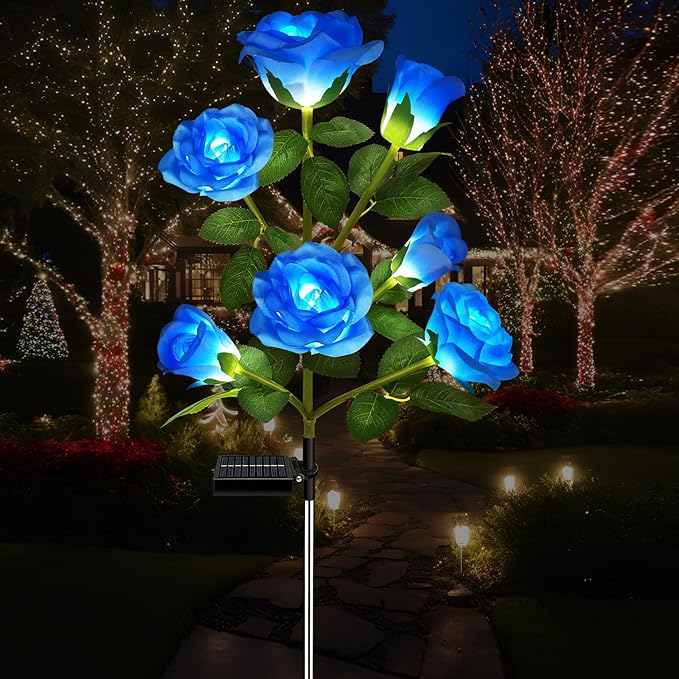 1 Pack Solar Garden Lights Outdoor, 7-Flower Rose Solar Lights for Yard, LED Solar Powered Stake Lights for Patio Pathway Lawn Fence Cemetery, Blue-VerdiqueGarden