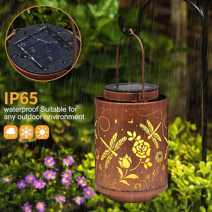 Solar Outdoor Lanterns, Dragonfly Garden Decor LED Light Hanging Waterproof Solar Metal Lantern Birthday Gifts for Women Mon Grandma Sunflower Solar Lights Outdoor Decoration for Patio Pathway Yard-VerdiqueGarden
