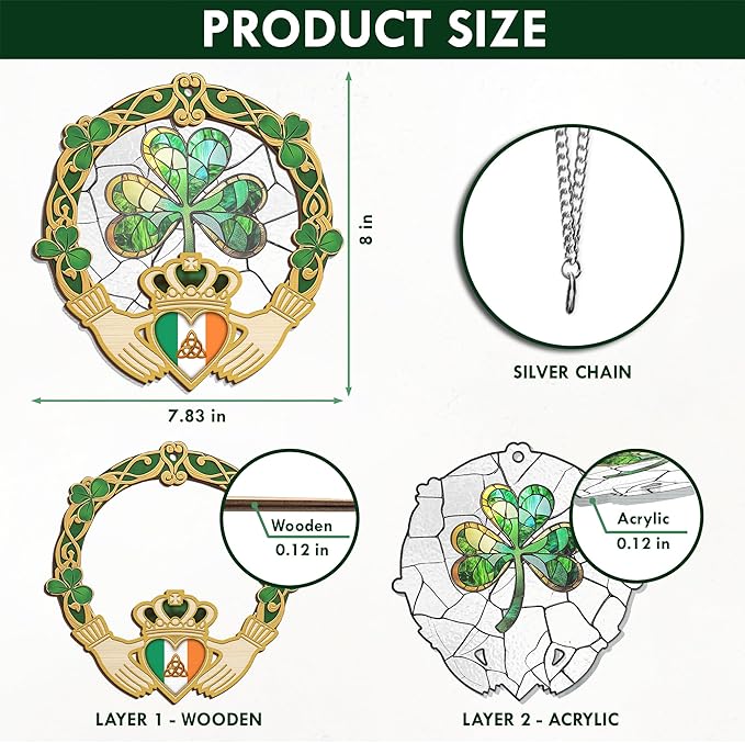 St Patricks Day Decorations - St Patricks Day Accessories, Shamrock Decorations, Irish Gifts for Women Men Friends Family, Shamrock Decorations - Double Layered Hanging Suncatcher 8 in-VerdiqueGarden