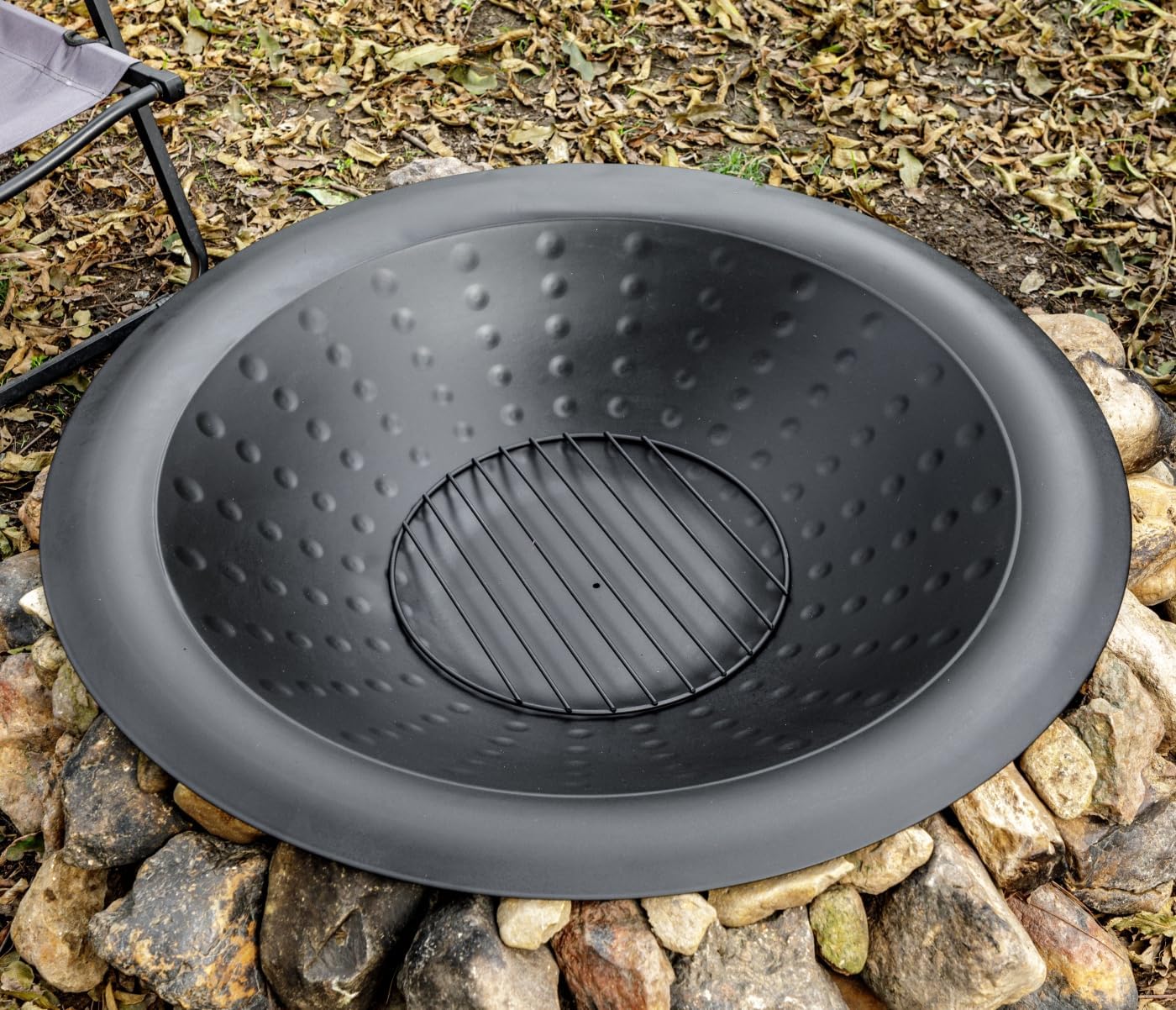 35 inch Steel Fire Bowl for DIY or Replacement Existing Fire Pits, Wood Burning Fire Pit Bowl with Spark Screen &Fire Poker, Fireplace for Backyard, Porch, Deck, Camping, BBQ (Circle Dot)-VerdiqueGarden