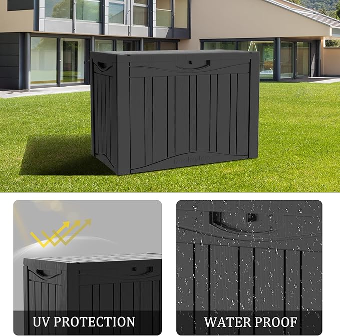 50 Gallon Plus Outdoor Storage Box, Waterproof Resin Deck Box for Patio, Pool, and Garden, Lockable Bin for Cushions, Tools, and Accessories, UV-Resistant, Black-VerdiqueGarden