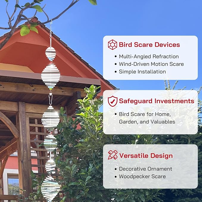 Bird Deterrents for Outside, Reflective 3D Stainless Steel Wind Spinners, Garden Decor, Bird Scare Devices to Keep Woodpeckers, Pigeons Away from Your House, Patio, Orchards-VerdiqueGarden