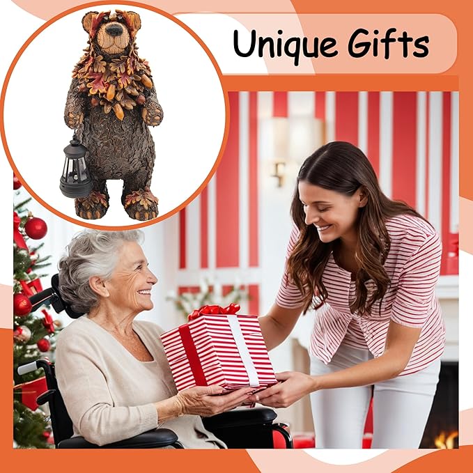 Solar Garden Statue Bear Figurine, Garden Art Outdoor Statues with Solar Lantern, Loving Bear for Patio, Balcony, Yard, Lawn, Unique Housewarming Gifts-VerdiqueGarden