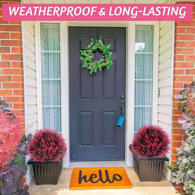 Yunlly 2 Pcs 18 Inch Artificial Boxwood Ball Topiary Tree Fake Outdoor Plants Bush, UV Resistance Faux Shrubs with Spike Realistic Greenery Potted for Indoor Garden Yard Porch Patio Decor (Rose Red)-VerdiqueGarden