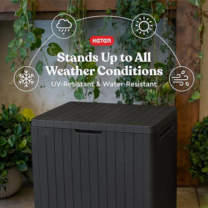 Keter City 30 Gallon Resin Outdoor Storage Box and Patio Storage Box Side Table for Pool and Garden Accessories, Dark Grey-VerdiqueGarden