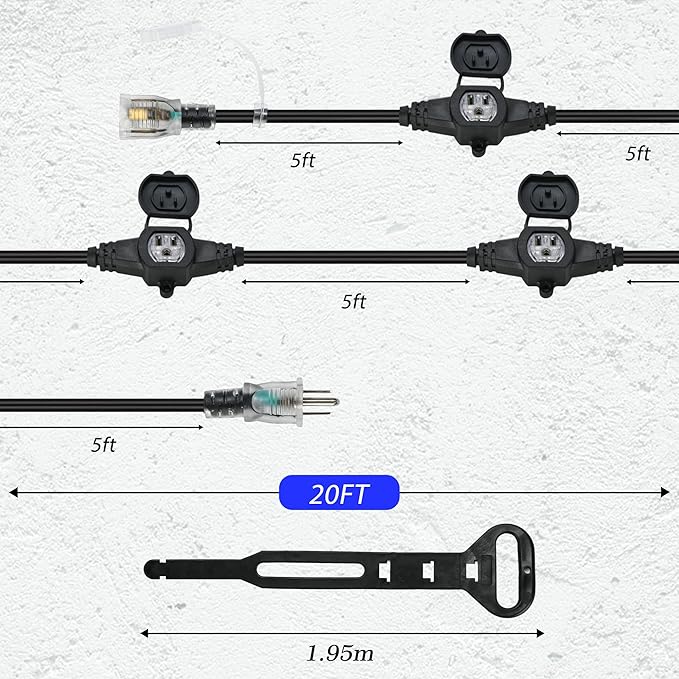 20FT 16 Gauge Multi-Outlet Extension Cord, 4 Evenly Spaced Weatherproof Outlets, Great for Stage Backdrops, Landscape Garden Lighting, Christmas Decorations ETL-VerdiqueGarden