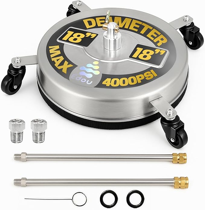 EDOU 18 inch Pressure Washer Surface Cleaner - Stainless Steel Power Washer Attachment - 4,000 PSI Max - Concrete Cleaner with Dual Nozzles and Extension Wands - Silver-VerdiqueGarden