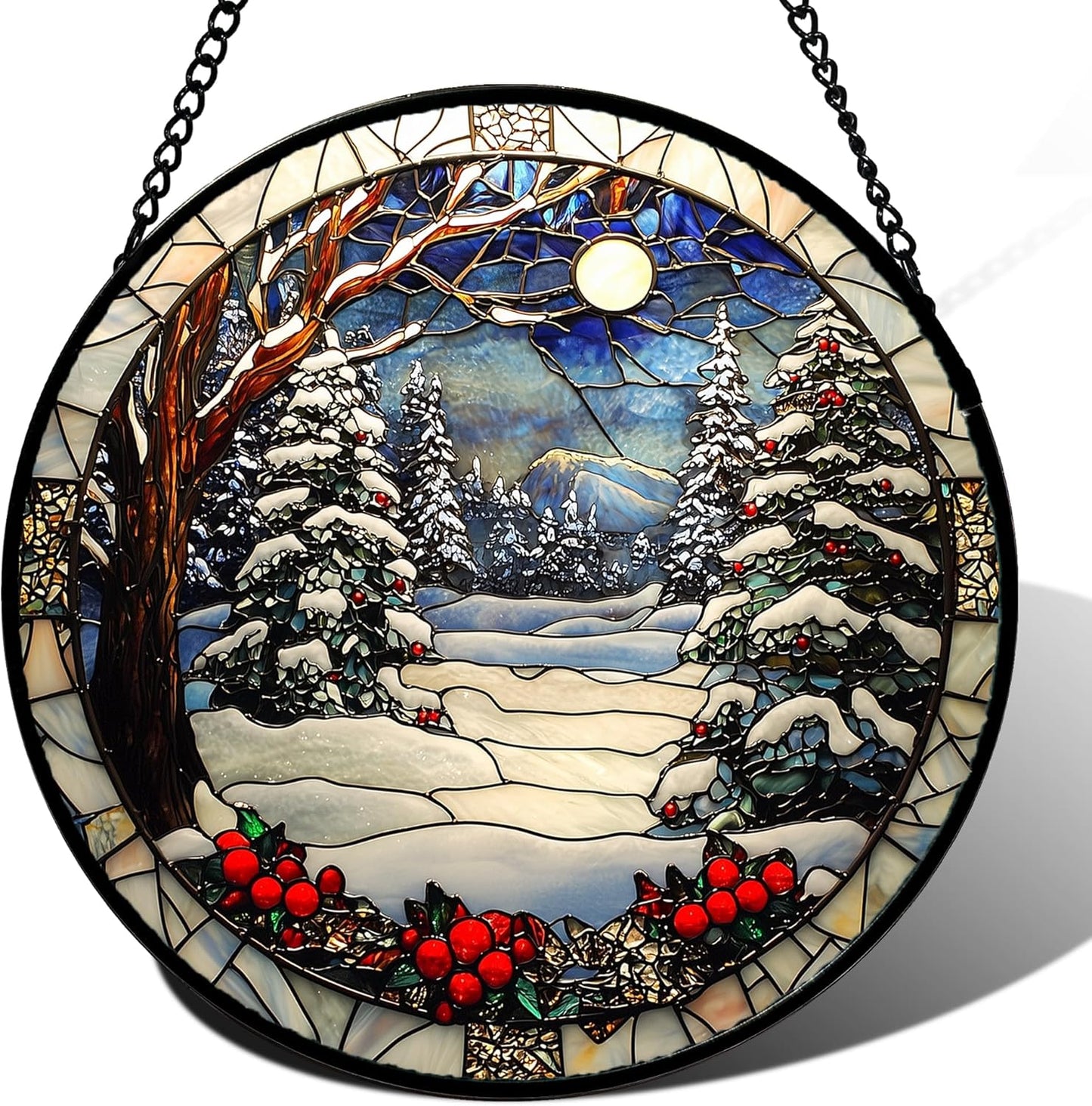 Stained Glass Window Hanging Christmas Tree Winter Snow Night Scenery Large 14.9" - Suncatcher Door Garden Kitchen Sun Catcher Home Decor Birthday for Mom Men Woman Friend-VerdiqueGarden
