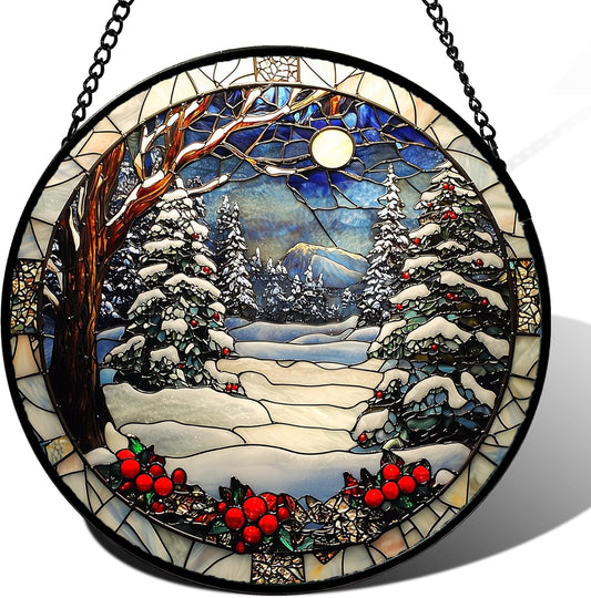 Stained Glass Window Hanging Christmas Tree Winter Snow Night Scenery Large 14.9" - Suncatcher Door Garden Kitchen Sun Catcher Home Decor Birthday for Mom Men Woman Friend-VerdiqueGarden