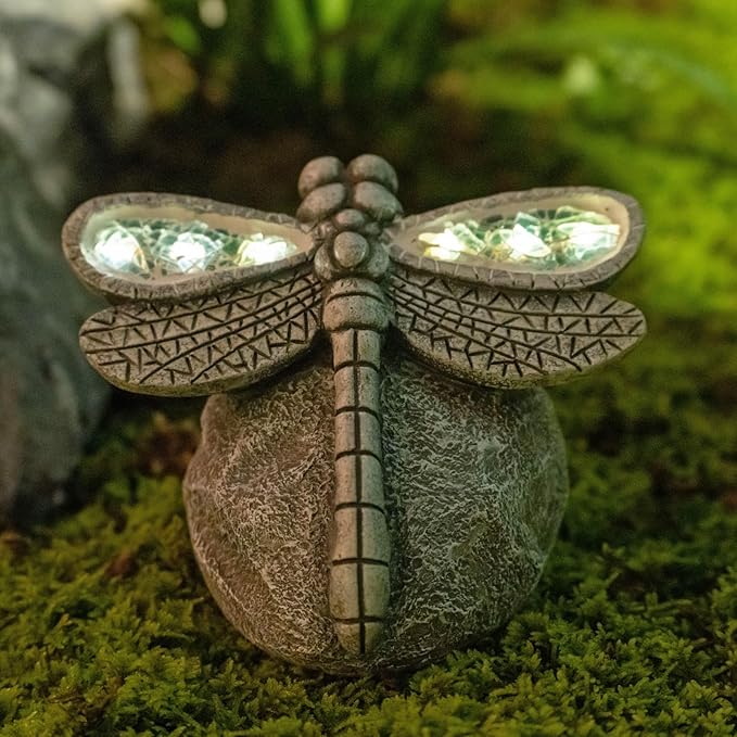 Garden Statue Dragonfly,Solar Dragonfly Decor for Outdoor,Resin Dragonflies Figurine with Solar Light for Patio,Balcony,Yard,Lawn Ornament,Perfect Garden Gift-VerdiqueGarden
