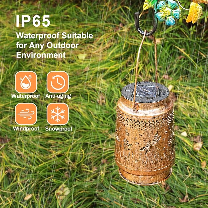 2 Pack Solar Lanterns Outdoor Garden Decor with Shepherd Hook, Gardening Gifts for Mom Grandma Women Dragonfly Metal Decor Lantern Waterproof Solar Lights LED Decorative for Garden Yard Patio-VerdiqueGarden