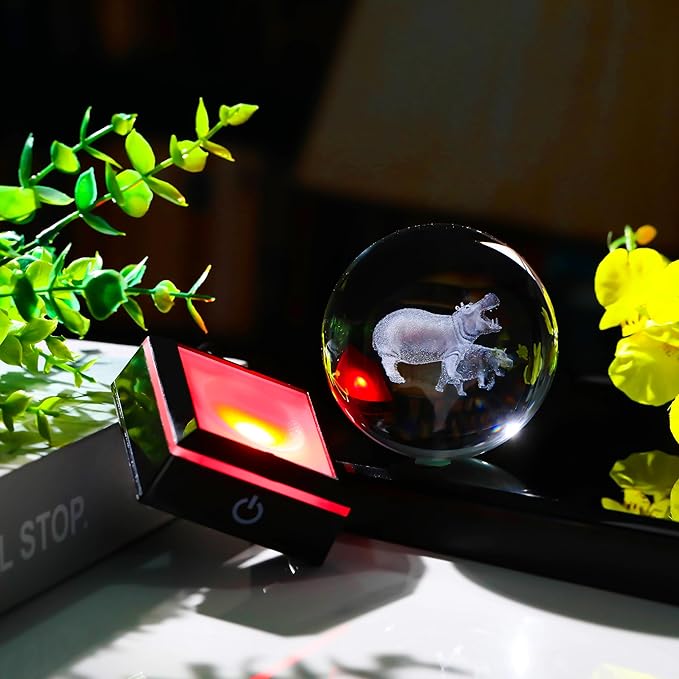 Qianwei Hippopotamus Gifts for Women 3D Crystal Ball 3.14'' - Laser Hippopotamus Decor Glass Animals Hippo Gifts Figurines Statue Stuff for Room Decorations Hippo Night Light-VerdiqueGarden