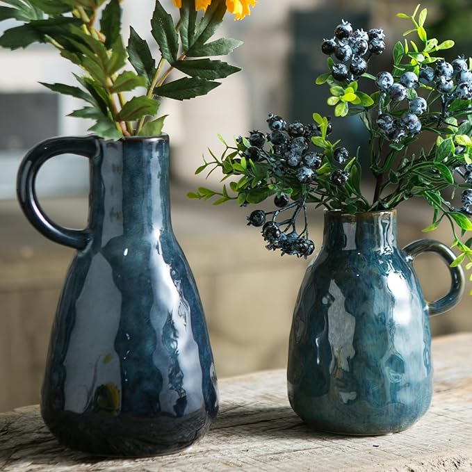 Ceramic Vase Set of 2, Blue Glazed Small Pottery Vases with Handles, Decorative Clay Vase Modern Farmhouse Decor, Centerpiece Dining Table Decorations Porcelain-VerdiqueGarden