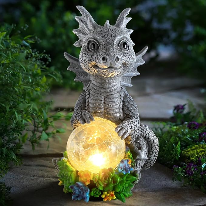 Solar Garden Outdoor Statues Dragon Holding Magic Orb with Solar LED Lights - Lawn Decor Outdoor Statue for Patio, Balcony, Yard Ornament,Unique Gifts for Mom Grandma-VerdiqueGarden