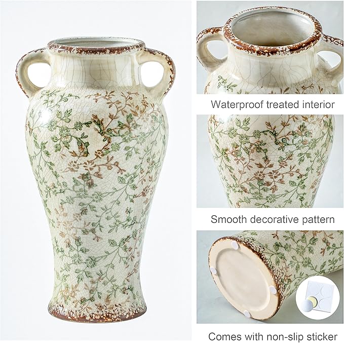 Enra Farmhouse Vintage vase with Handle,12.6 in Ceramic Chinoiserie Floral Vase,Green and Beige Decorative Flower vase,Large Rustic Vases for Home Decors, Living Room, Bookshelf, Office-VerdiqueGarden