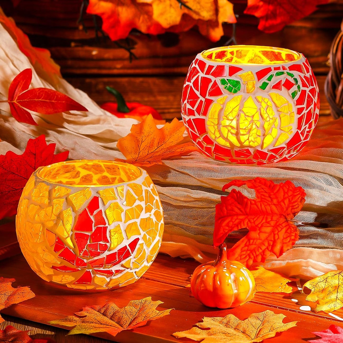 2 Set Glass Mosaic Candle Holder Kit Include Tea Light Holder, Glass Mosaic Tiles DIY Crafts Creativity Handmade Artwork for Adults Home Lighting Decor(Autumn Theme)-VerdiqueGarden