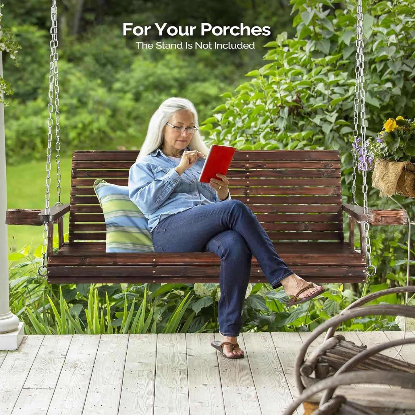 VINGLI XL Size Patio Wooden Porch Swing Outdoor with Cup Holders & Phone Slots, Heavy Duty 880 LBS Hanging Swing Chair Bench with Hanging Chains for Yard, Lawn, Garden (5 FT Pro, Rustic)-VerdiqueGarden