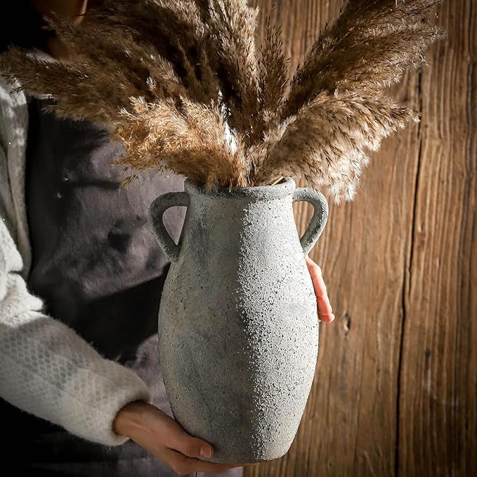 Large Ceramic Rustic Vase,11.3 inch Tall Farmhouse Flower Vase with 2 Handles for Home Decor, Living Room Entryway Table Centerpiece Decor-VerdiqueGarden