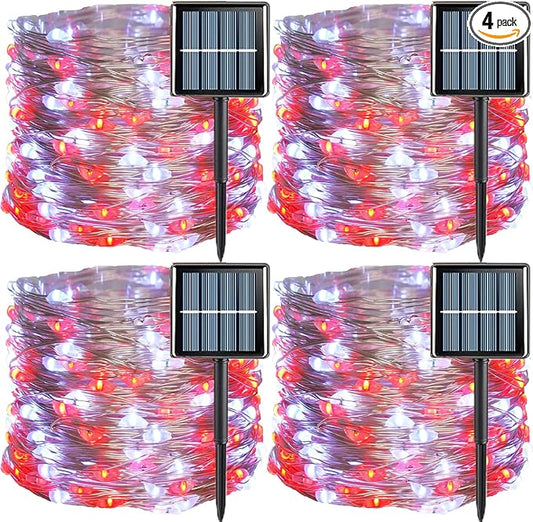 YEGUO Solar Fairy Lights Outdoor Waterproof, 4 Pack Each 33ft 100 LED String Lights, 8 Modes Silver Wire Solar Outdoor Lights (Red and White)-VerdiqueGarden
