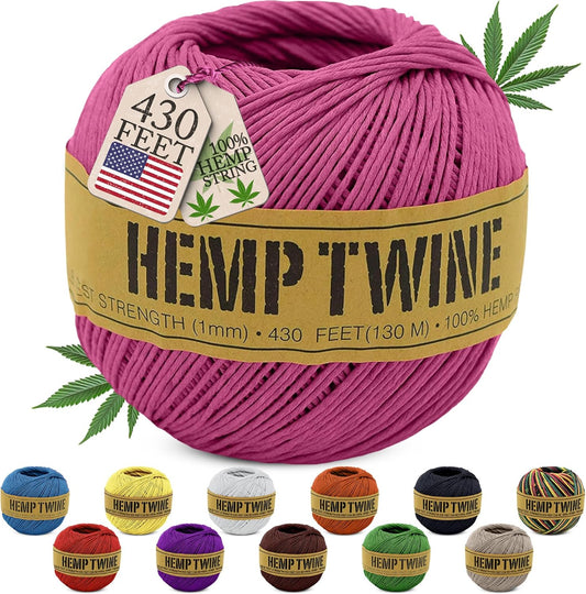 Hemp Twine for Gardening - Twine for Crafts - Organic Natural Hemp String for Jewelry Making - Strong Durable Cord for Decoration, Macrame + Cooking - 1MM, 100G/430 Ft. - 20 lb. Test Strength - Pink-VerdiqueGarden